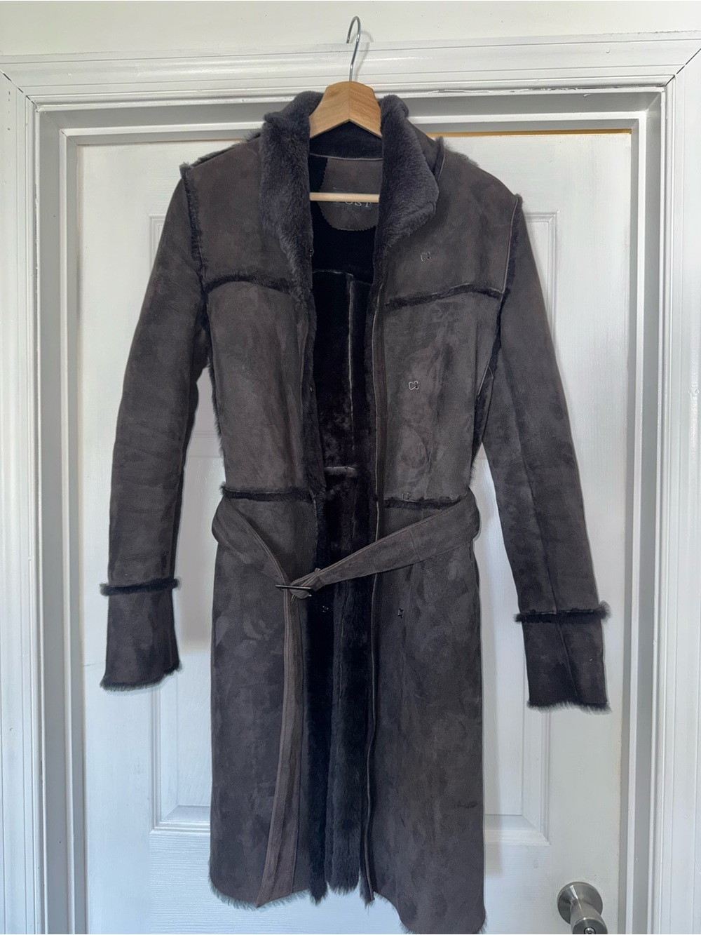 Post Shearling Leather Belted Coat Brown S